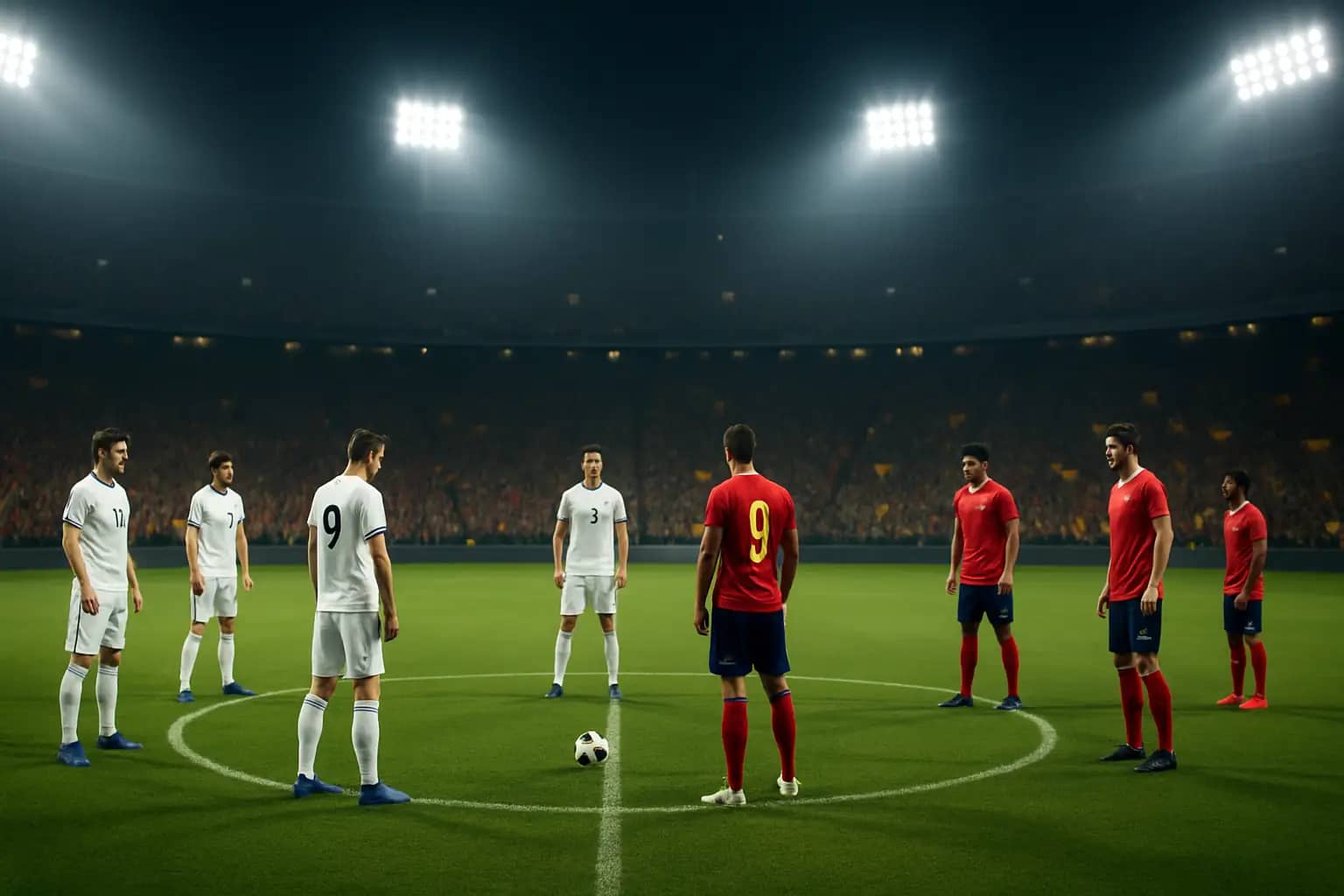 Football players competing in an international World Cup group stage match under floodlights