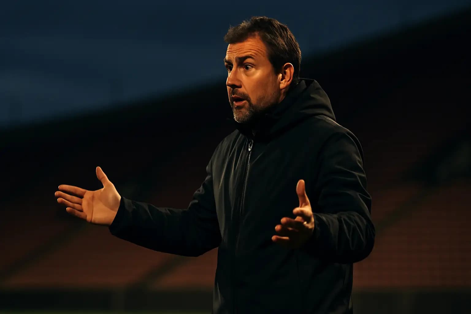 A soccer coach gesturing on the touchline during an international match