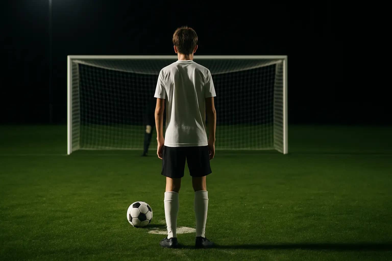 A young footballer standing at the penalty spot under floodlights, teammates watching from the centre circle