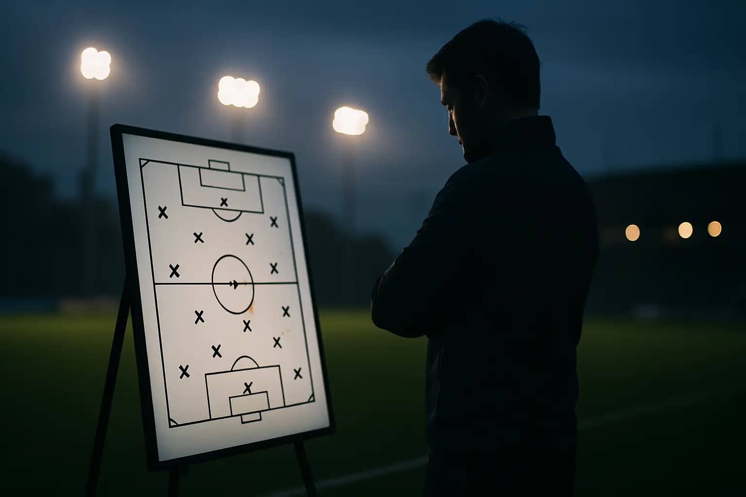 A football coach studying a tactical board on the sideline during a match