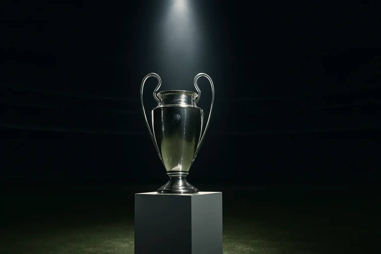 A historic football trophy displayed under spotlight in an empty stadium