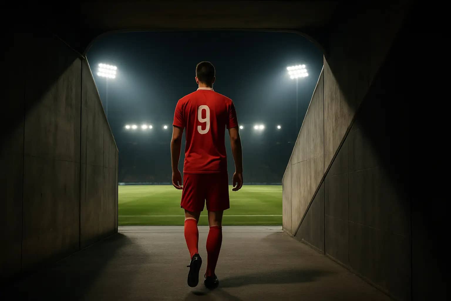 A lone footballer in red walks toward a glowing stadium at night under floodlights