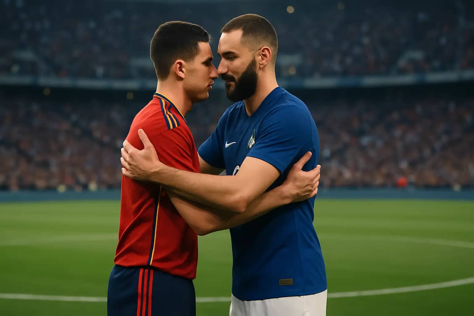 Two international football players sharing a warm embrace on the pitch before a major World Cup match