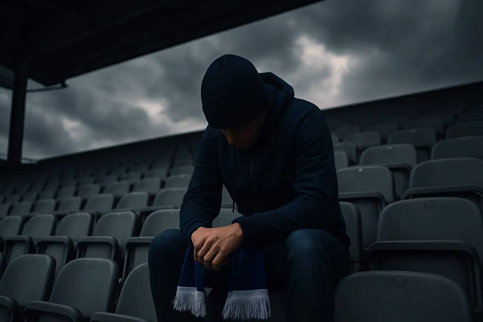 A Scottish football supporter in team colors looking dejected in stadium stands