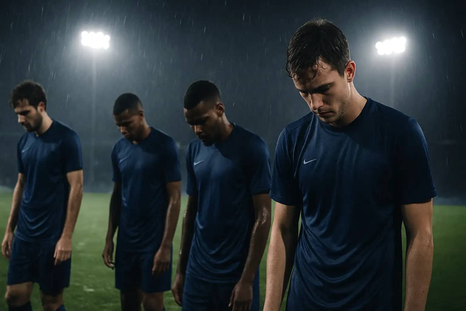 Scotland football players standing on the pitch after a defeat, heads bowed