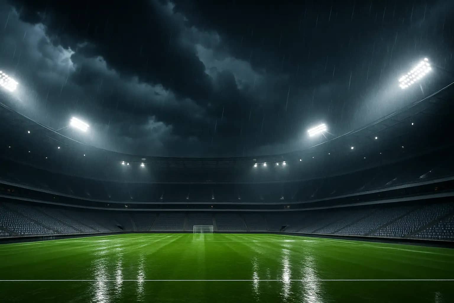 A football stadium under dark stormy skies with heavy rain falling on the pitch