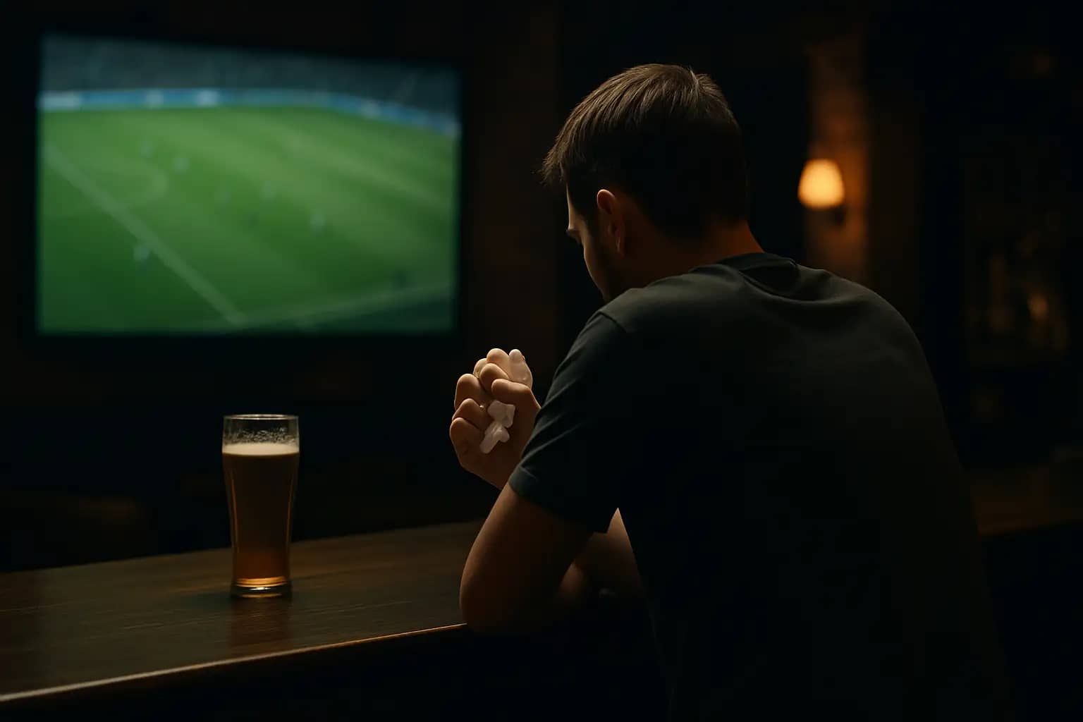 A dejected football fan watching a match in a Sydney pub, looking at a betting slip