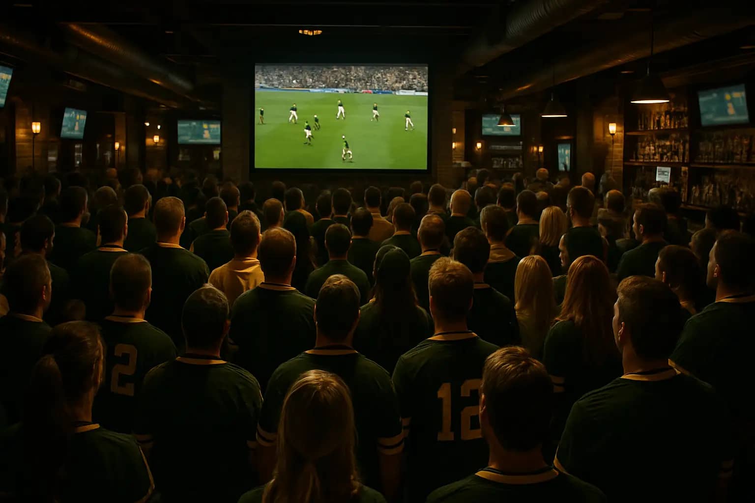Australian football fans watching a World Cup match on a large screen in a packed venue