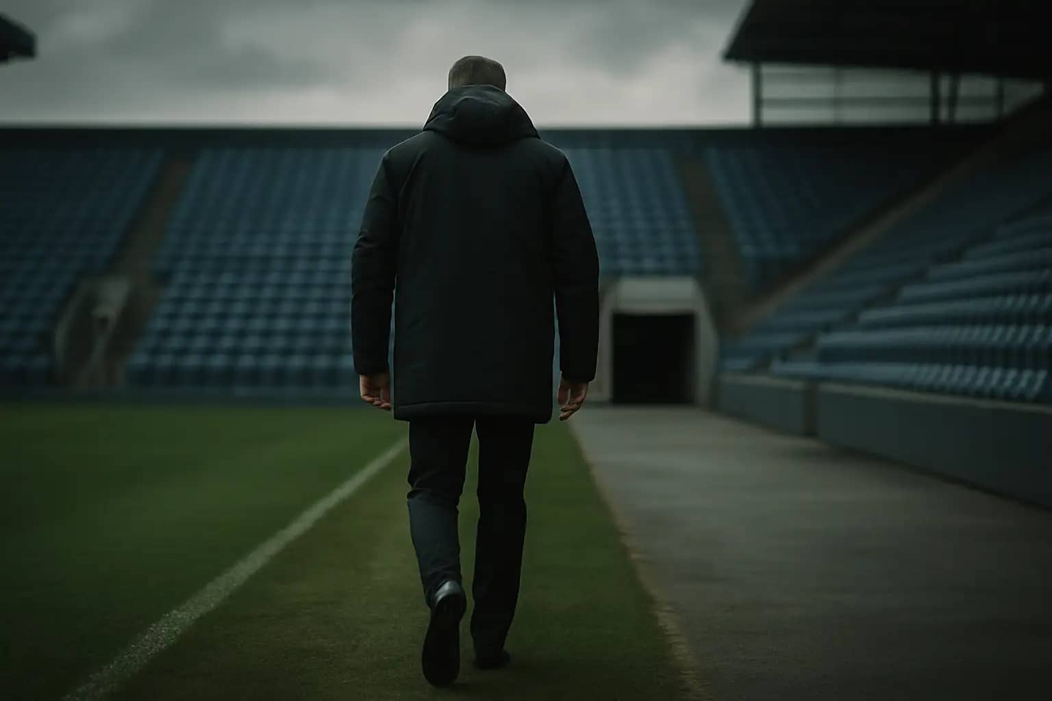 A football manager walking away from a stadium pitch toward the tunnel after a match