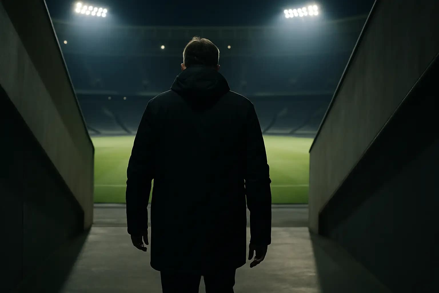 A football coach walking away from a stadium pitch after a match