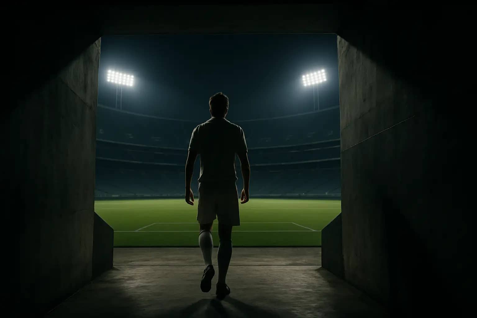 A football player walking onto a South American stadium pitch under bright floodlights