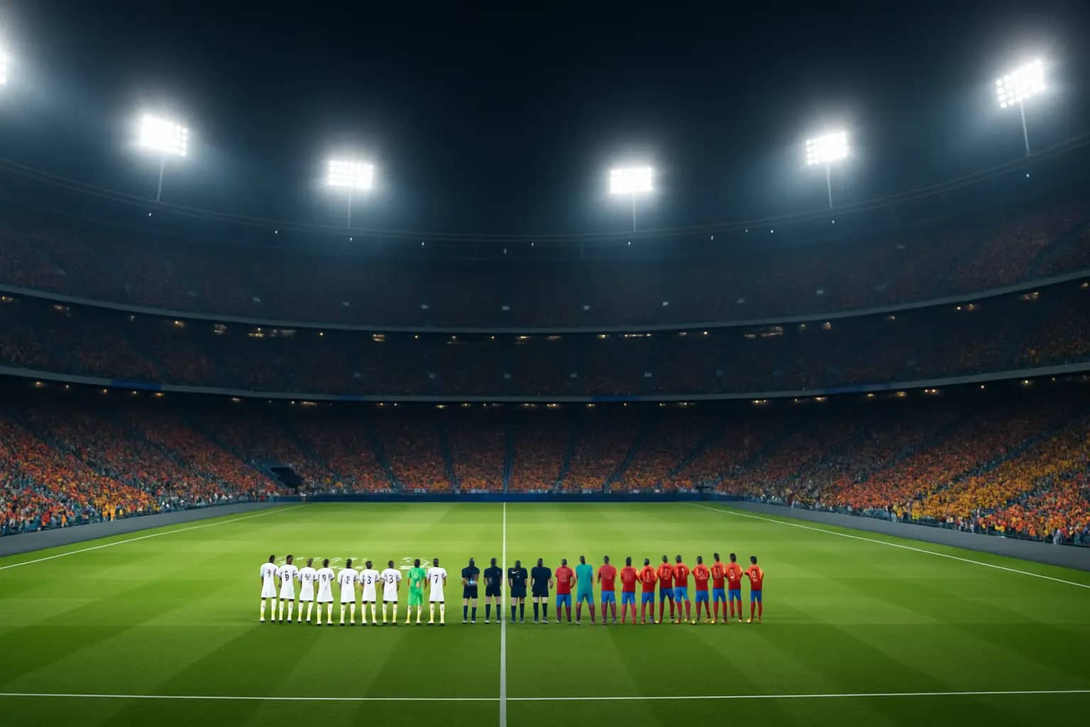 Football players from two national teams facing off on a large stadium pitch under floodlights with a packed crowd in the background