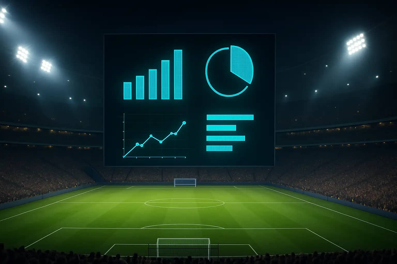 Football stadium with live match statistics displayed on a large screen during a World Cup fixture