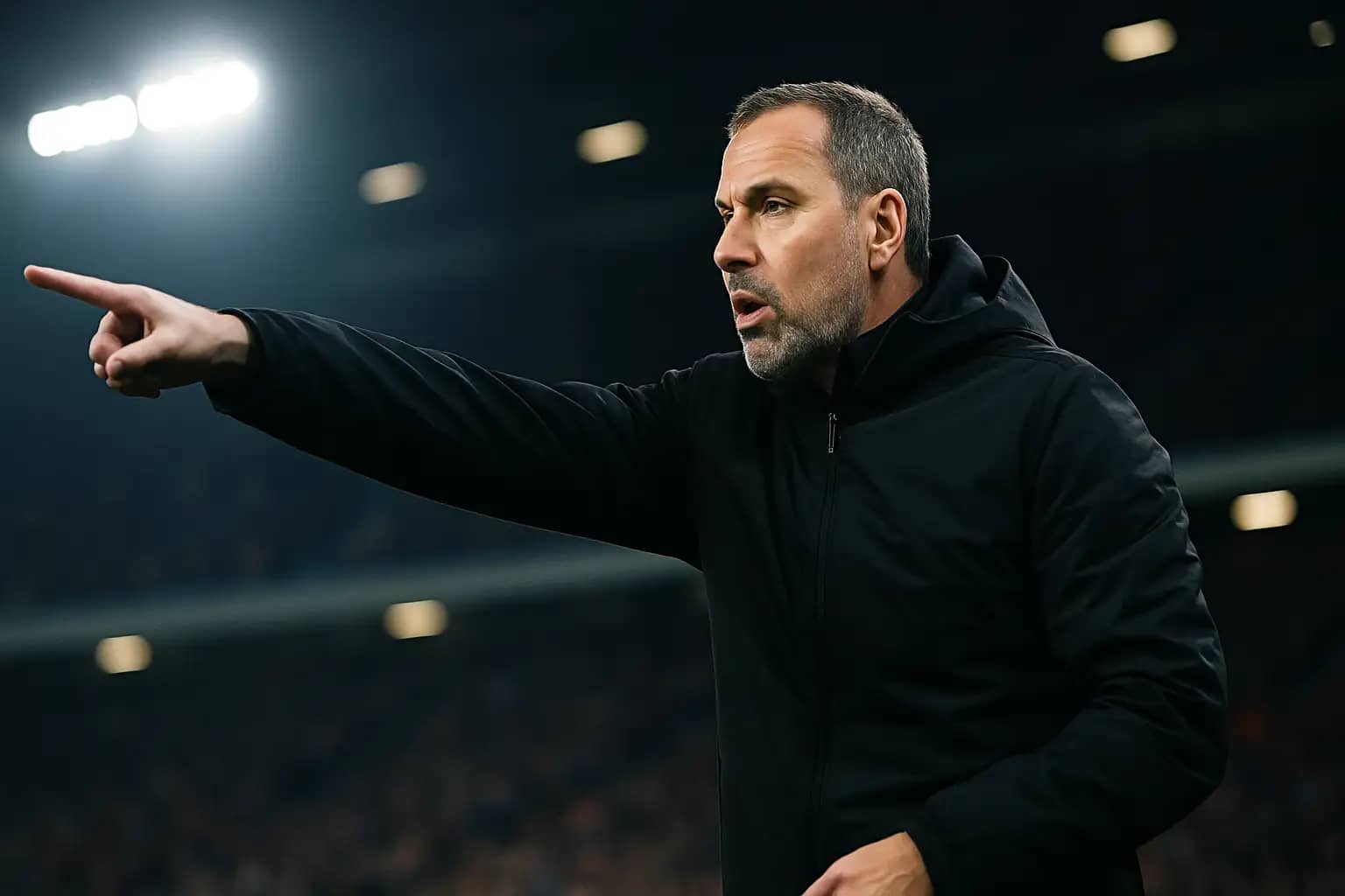 A football coach gesturing emphatically on the sideline of a packed international stadium at night