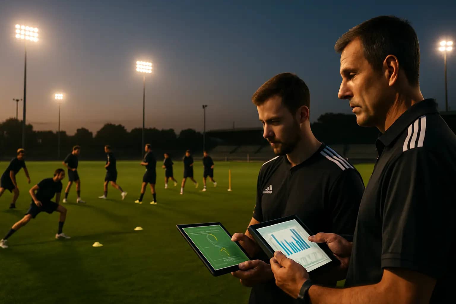 Soccer players training on a professional pitch with coaching staff monitoring performance data on tablets