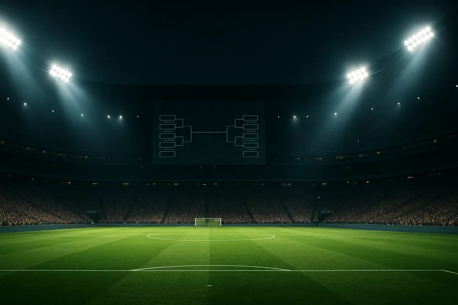 A wide-angle view of a packed football stadium at night with floodlights blazing and a large bracket display on a screen