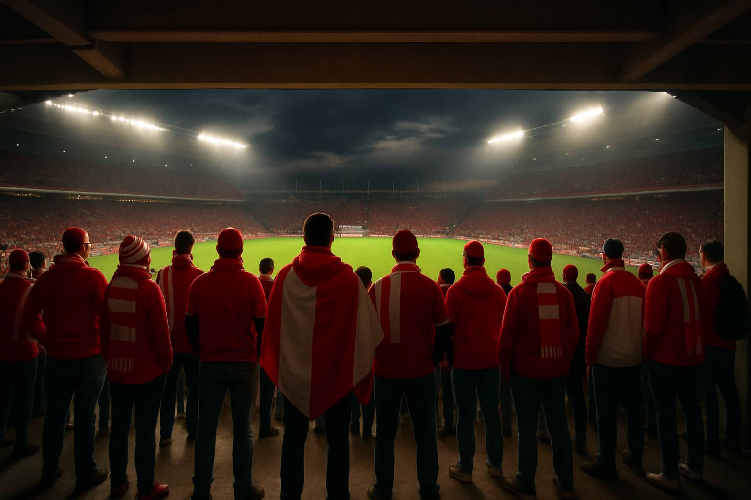 Canadian soccer fans in a stadium with national flags amid a tense atmosphere