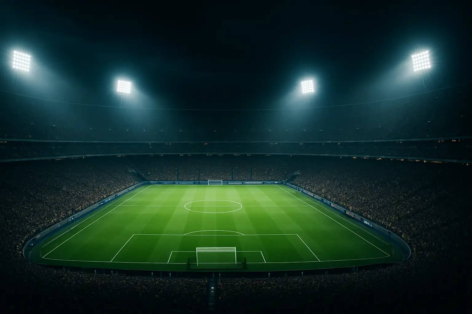 A packed football stadium illuminated at night with green pitch under bright floodlights during an international match