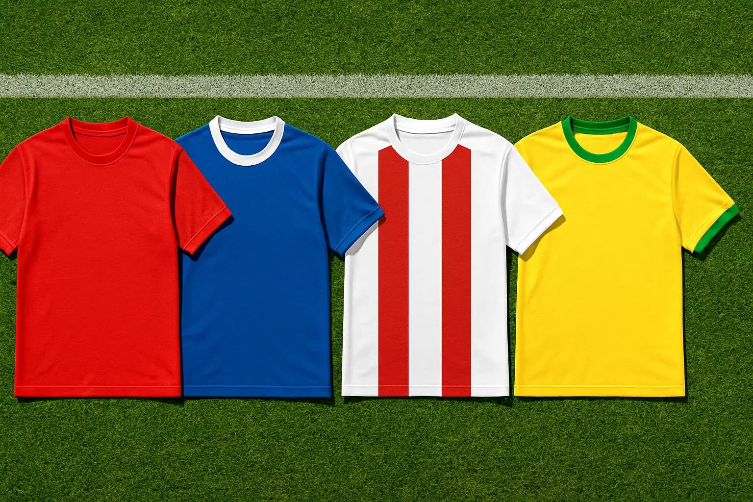 Four international football shirts representing the four nations in World Cup 2026 Group A laid out on a grass pitch