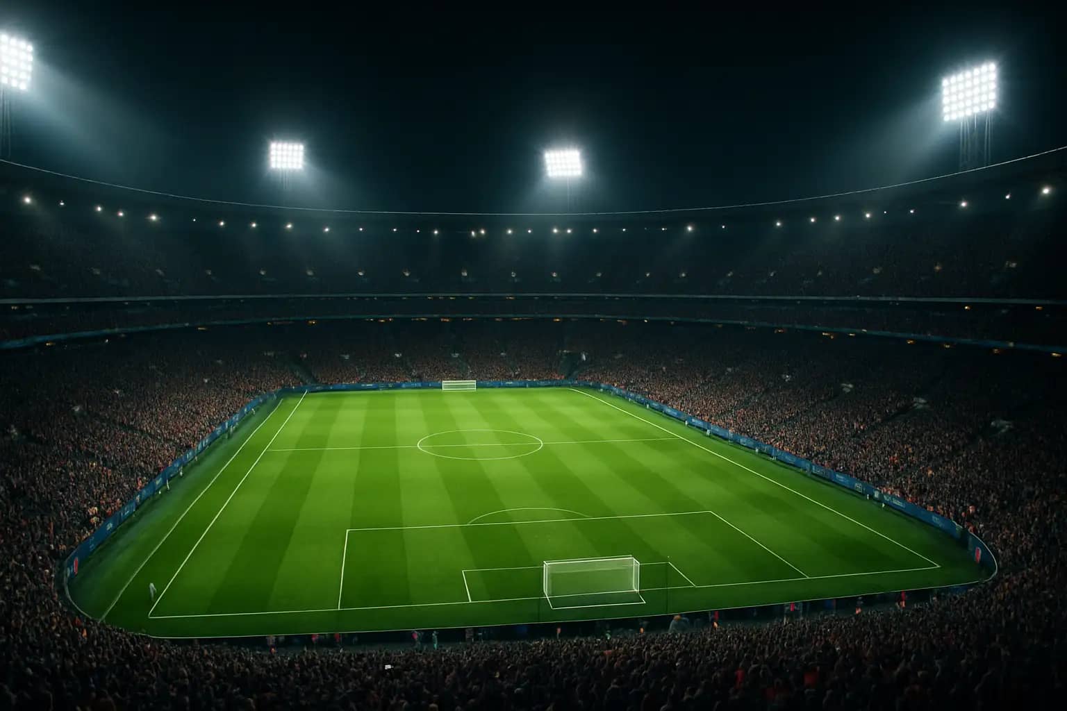 A packed football stadium at night with floodlights illuminating the pitch during a major international tournament match