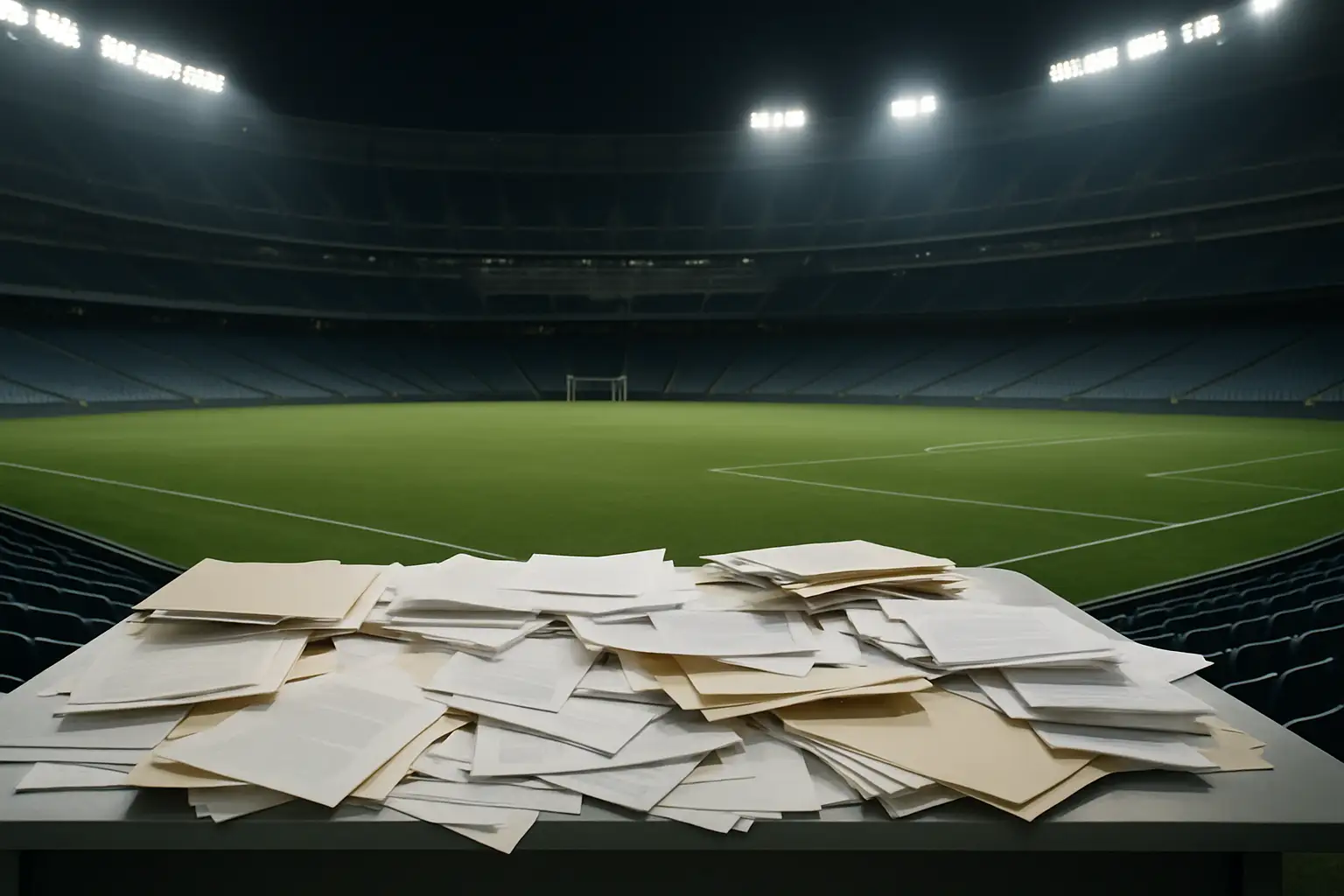 Football stadium with empty seats and tangled organizational paperwork on a desk in the foreground