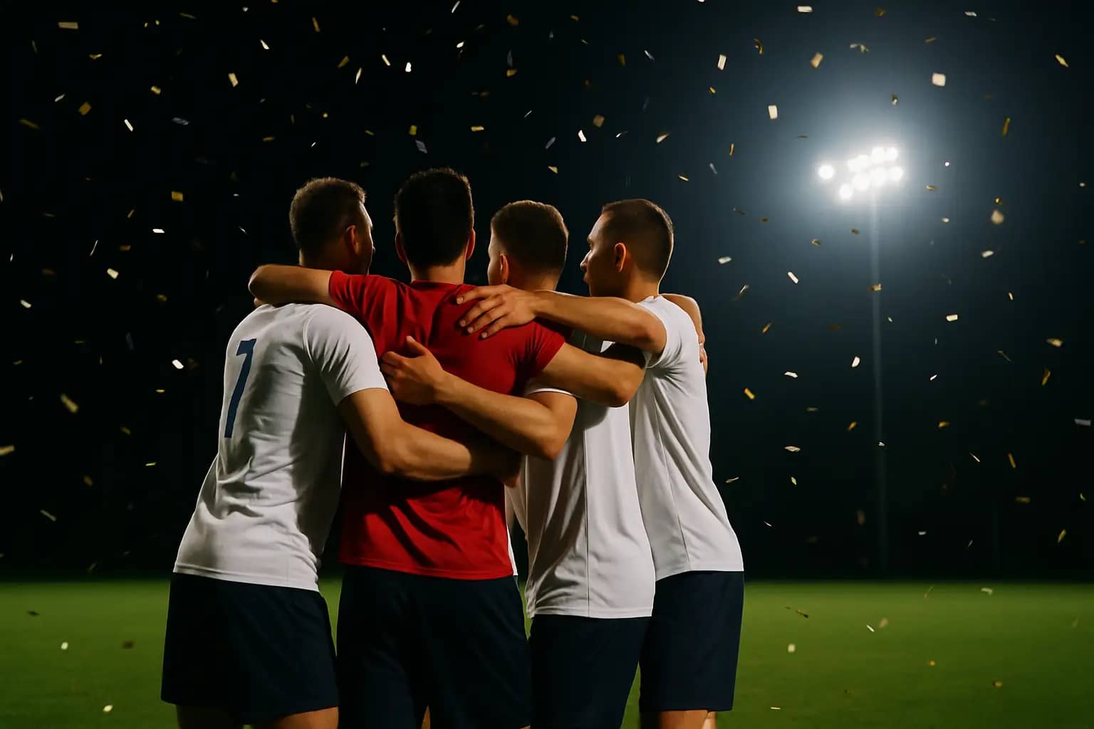 Underdog football players celebrating a shock World Cup victory on the pitch