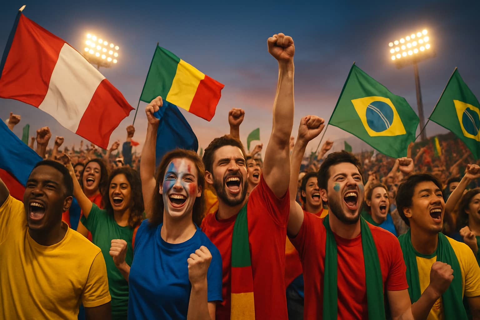 A crowd of World Cup football fans in national colours, celebrating with flags and painted faces in a packed stadium