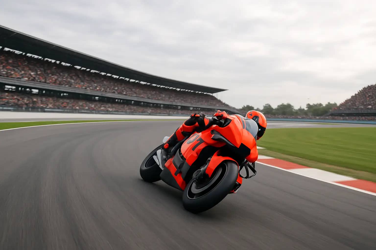 A MotoGP motorcycle racing through the sweeping corners of the Assen circuit under a bright sky