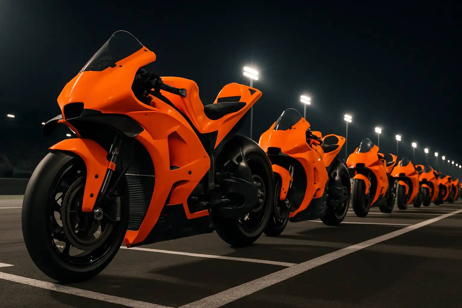 MotoGP racing motorcycles lined up on a circuit grid under bright lights