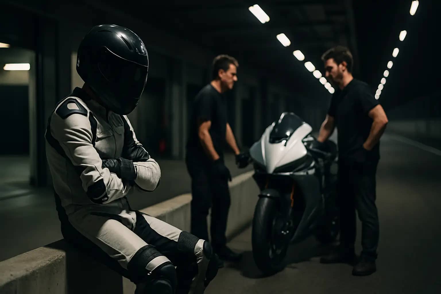 MotoGP rider sitting in pit lane garage looking frustrated after early race retirement