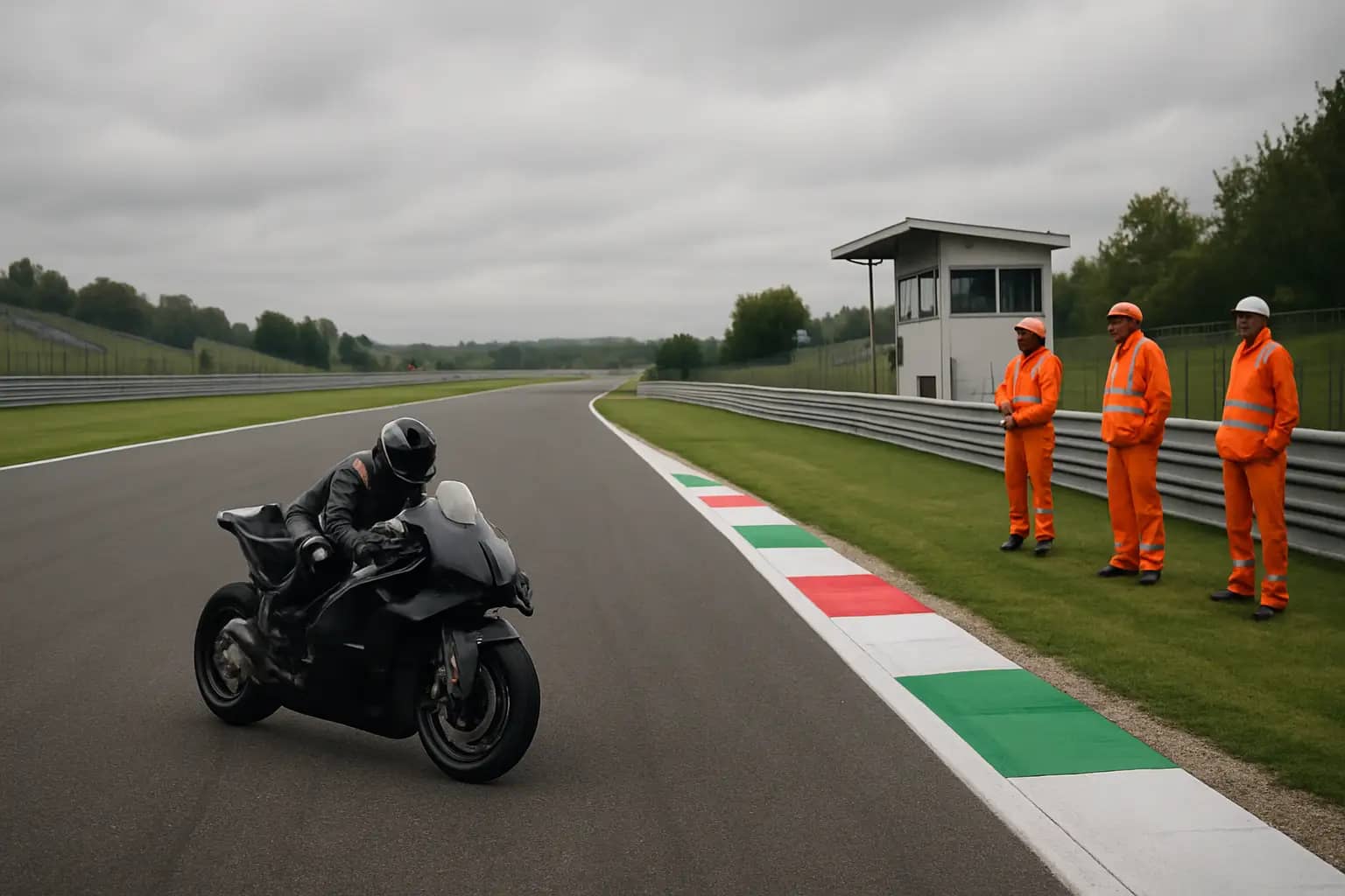 A MotoGP motorcycle slowing near a marshal post at a circuit corner