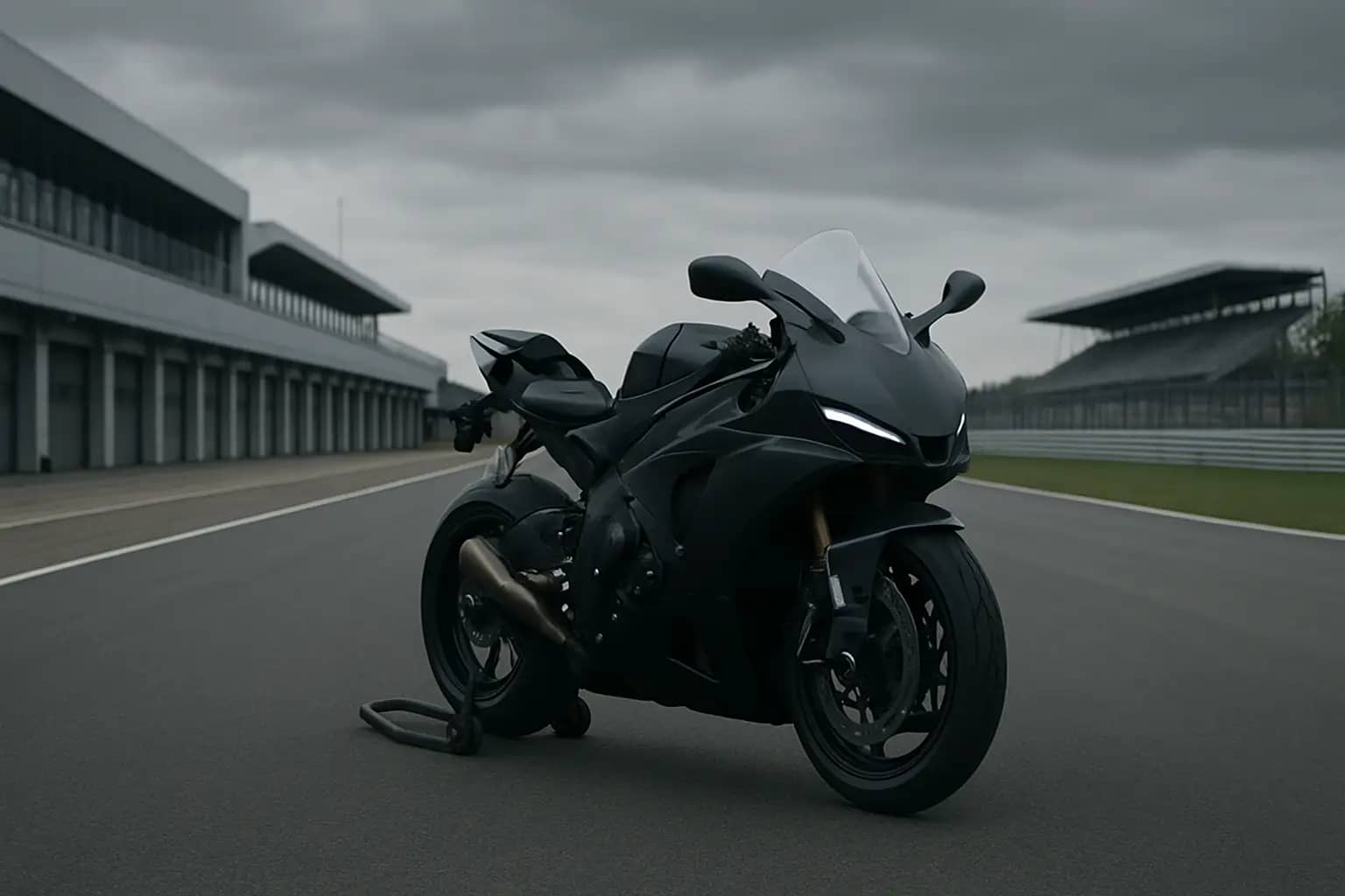 MotoGP motorcycle on track at a test circuit with empty grandstands in the background