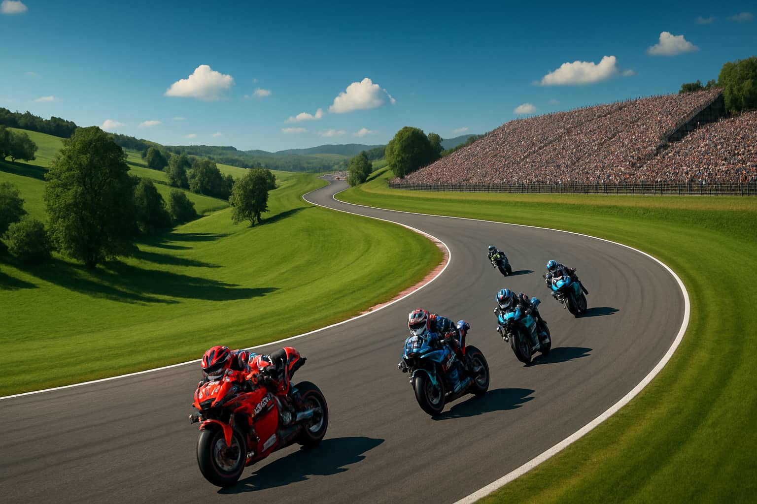 MotoGP motorcycles racing through the sweeping curves of the Brno circuit during the Czech GP