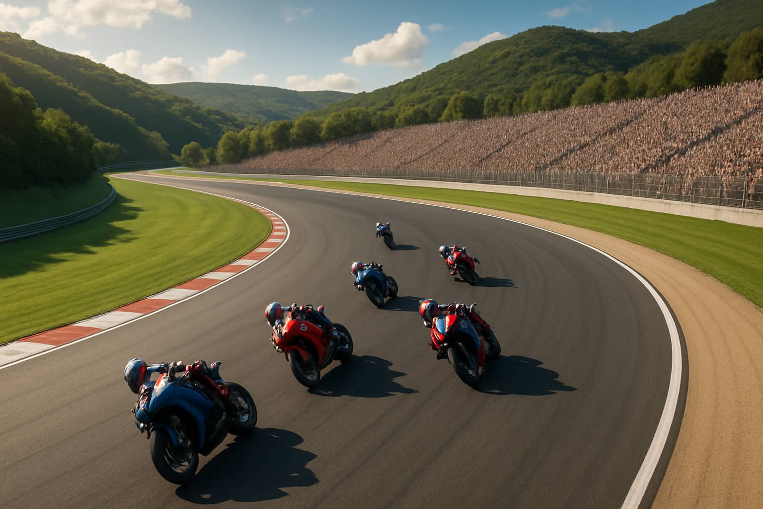 MotoGP motorcycles racing through the sweeping curves of Brno's Autodrom circuit under a clear sky