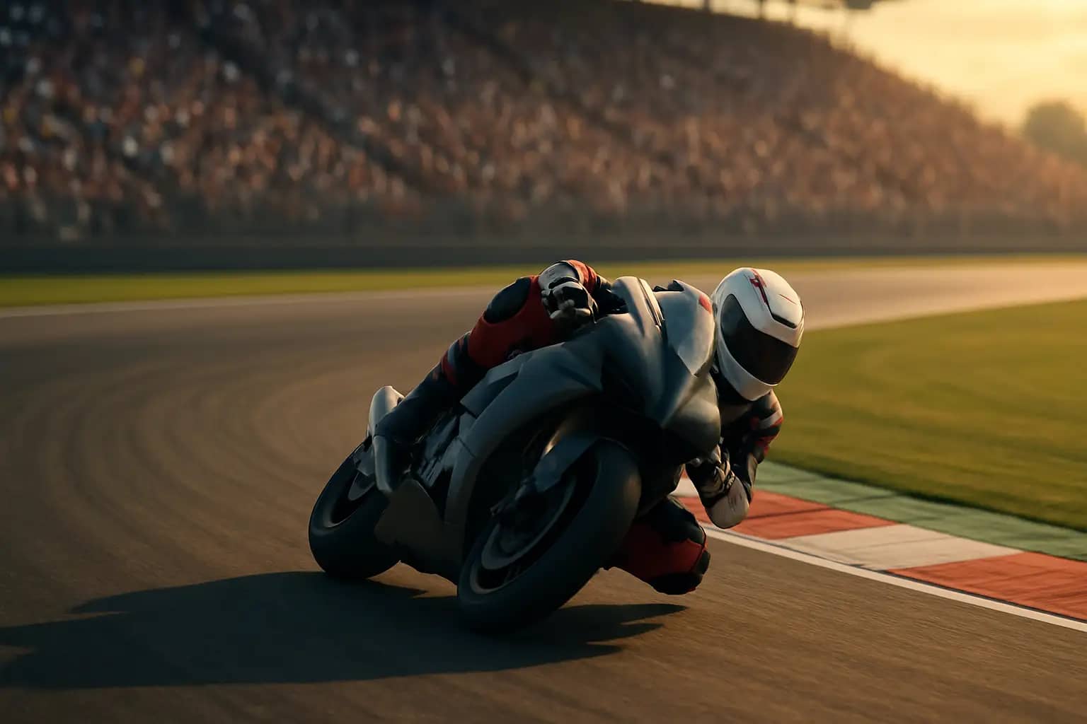 A MotoGP motorcycle at speed on a European circuit during a race