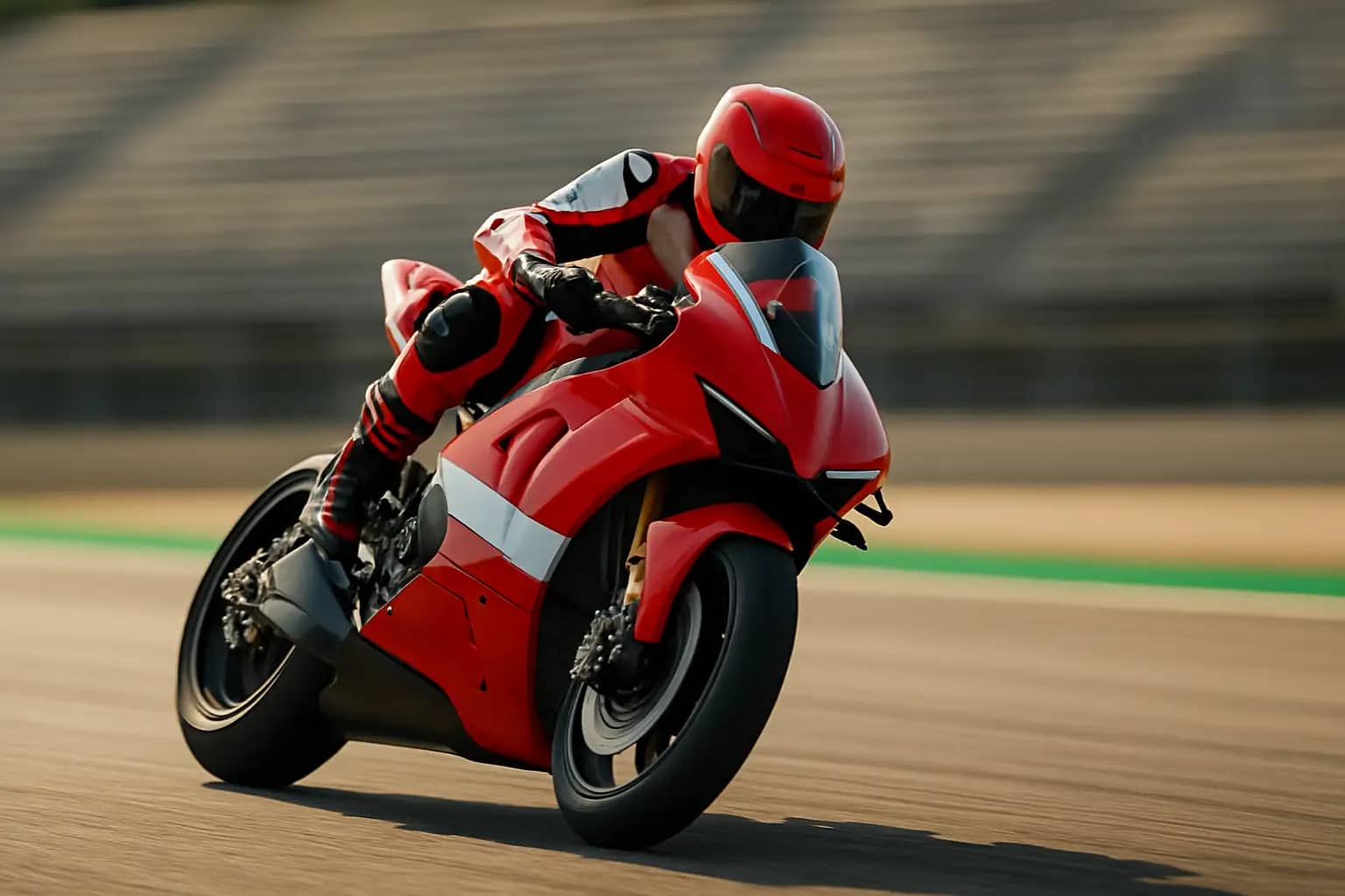 A MotoGP motorcycle leaning hard through a corner on a racing circuit
