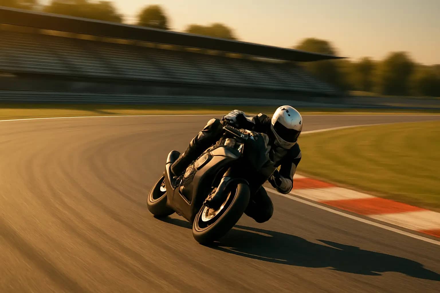 A MotoGP motorcycle leaning through a fast corner at a wet and green European circuit