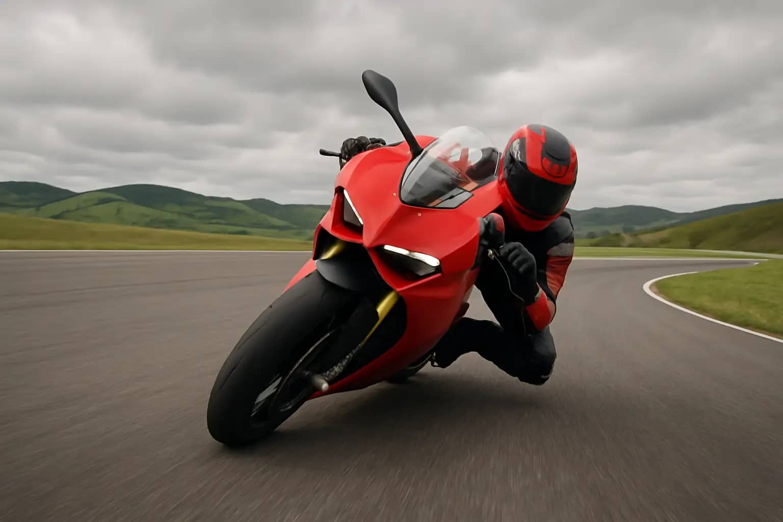 A MotoGP Ducati motorcycle leaning through a fast sweeping corner at a European circuit