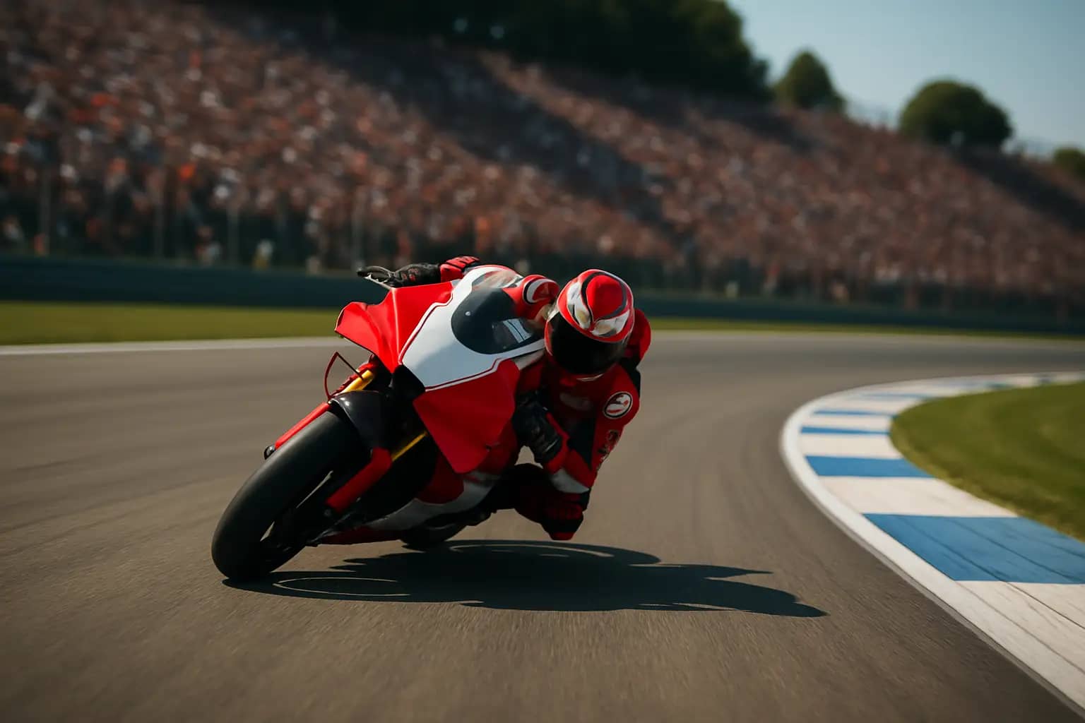 A MotoGP motorcycle leaning through a sweeping circuit corner during a race