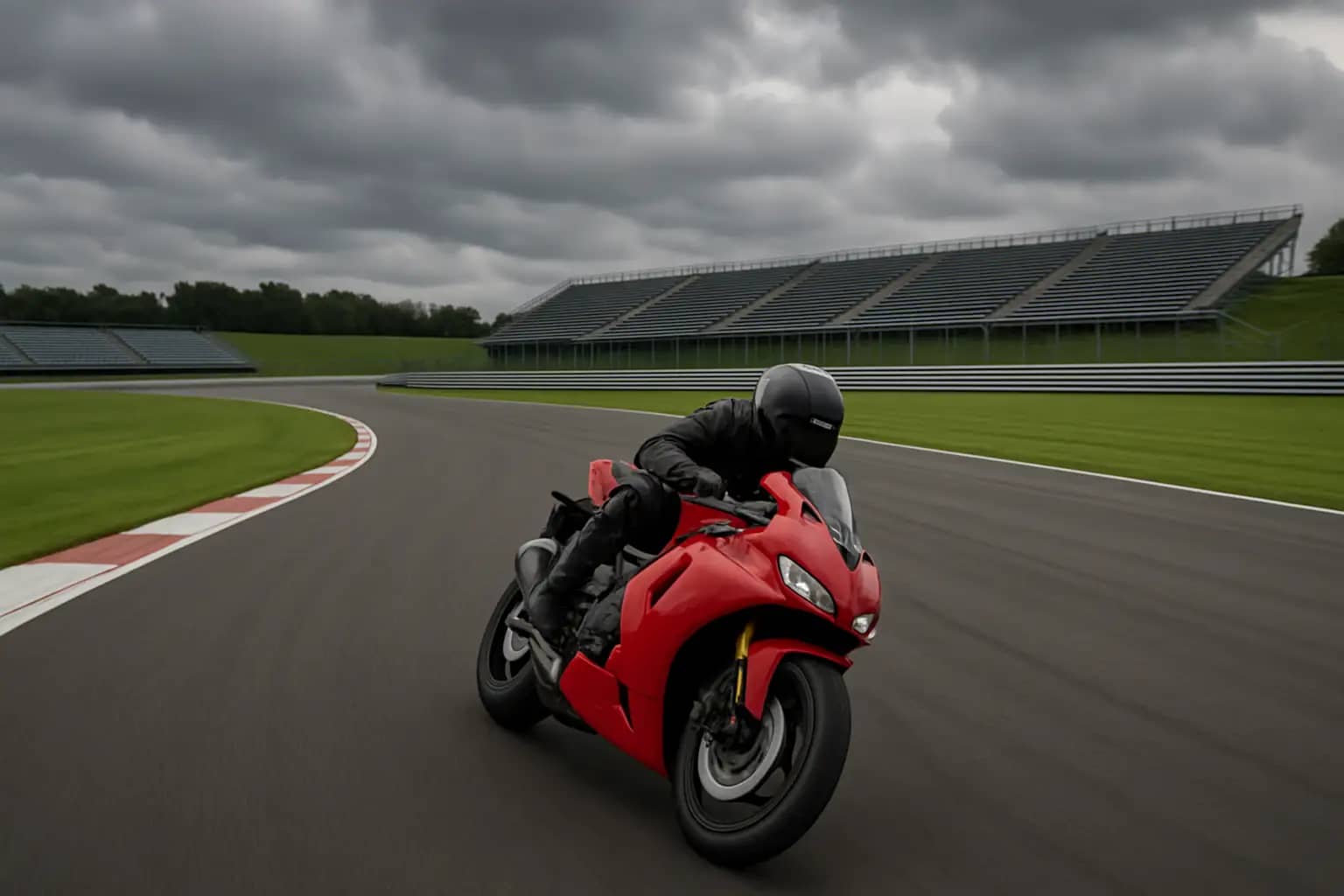 A MotoGP rider on a racing motorcycle at a European circuit, viewed from trackside