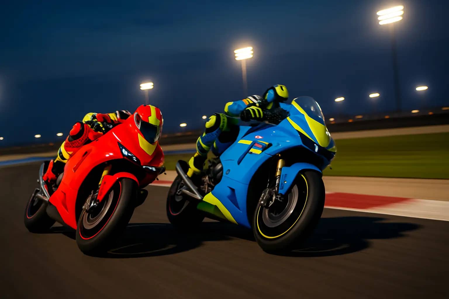 Two MotoGP motorcycles racing side by side through a circuit corner under bright circuit lights