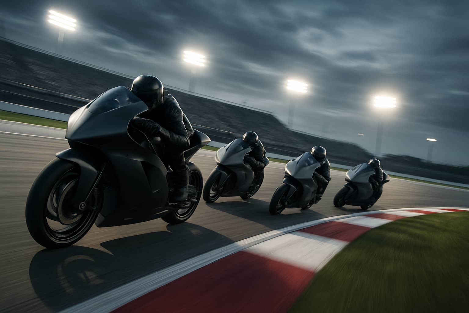 MotoGP prototype motorcycles racing on a circuit at high speed