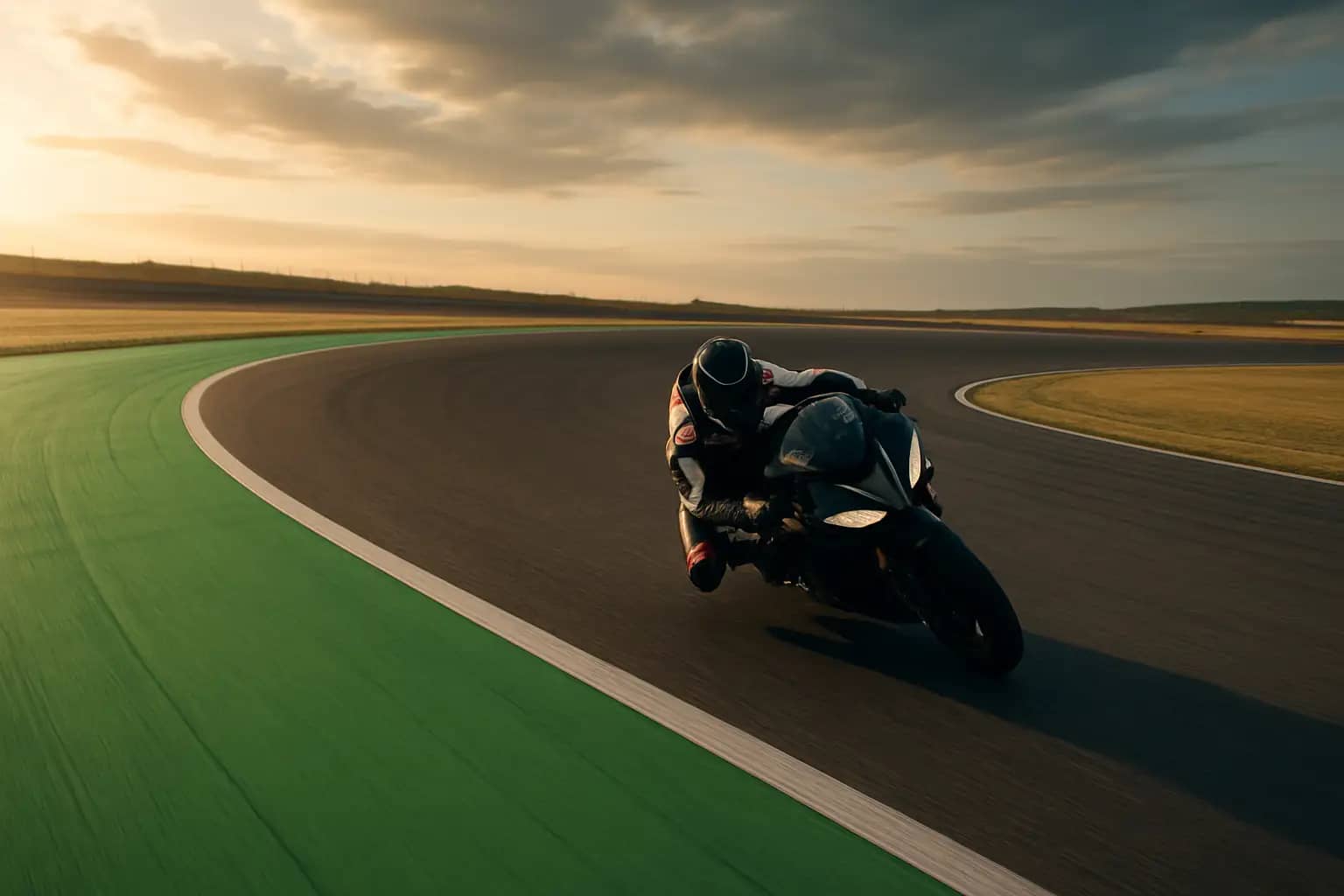 MotoGP rider on a racing motorcycle near the edge of the track with green painted run-off area visible