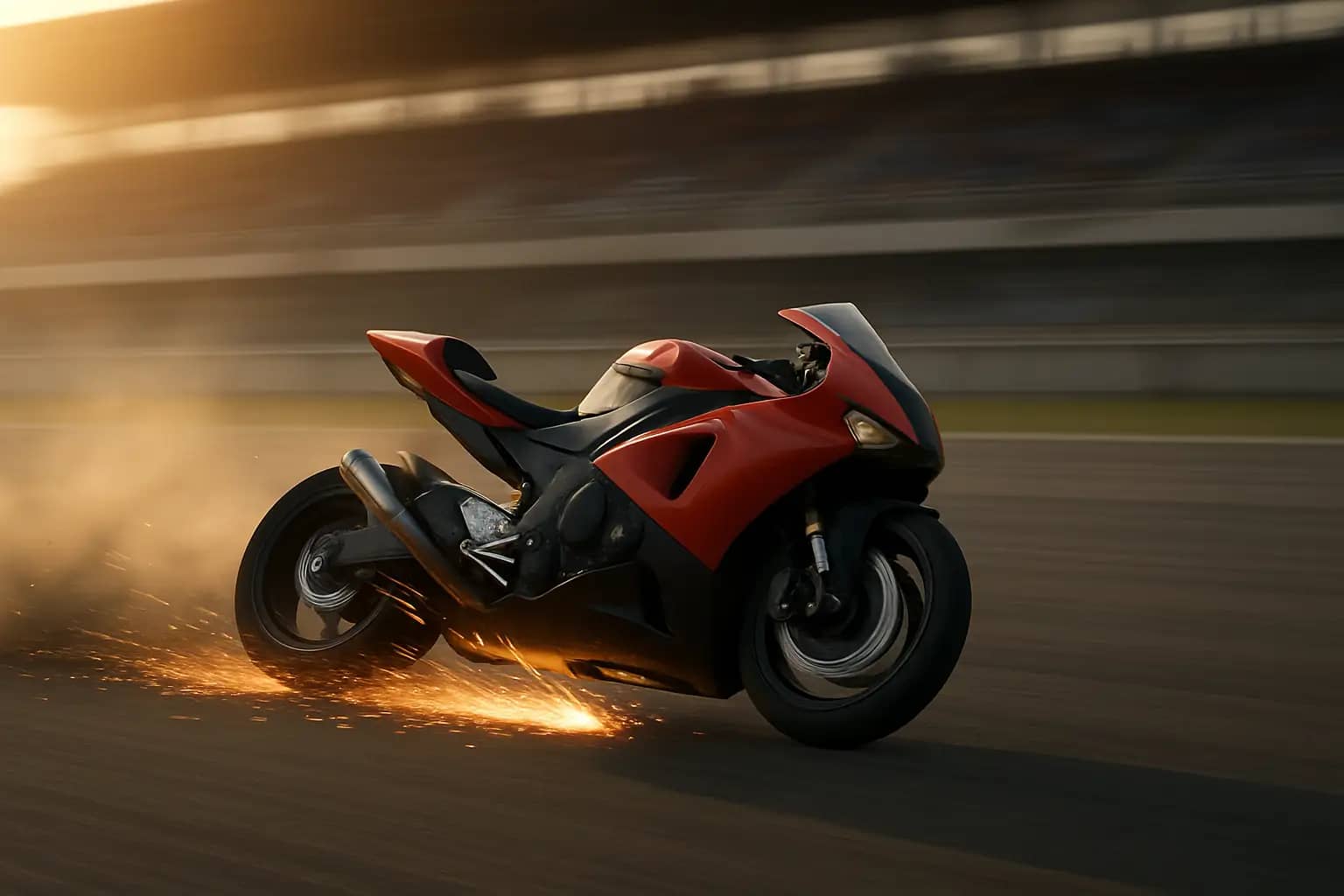 A MotoGP motorcycle sliding along a racetrack at high speed during a crash, with safety barriers visible in the background
