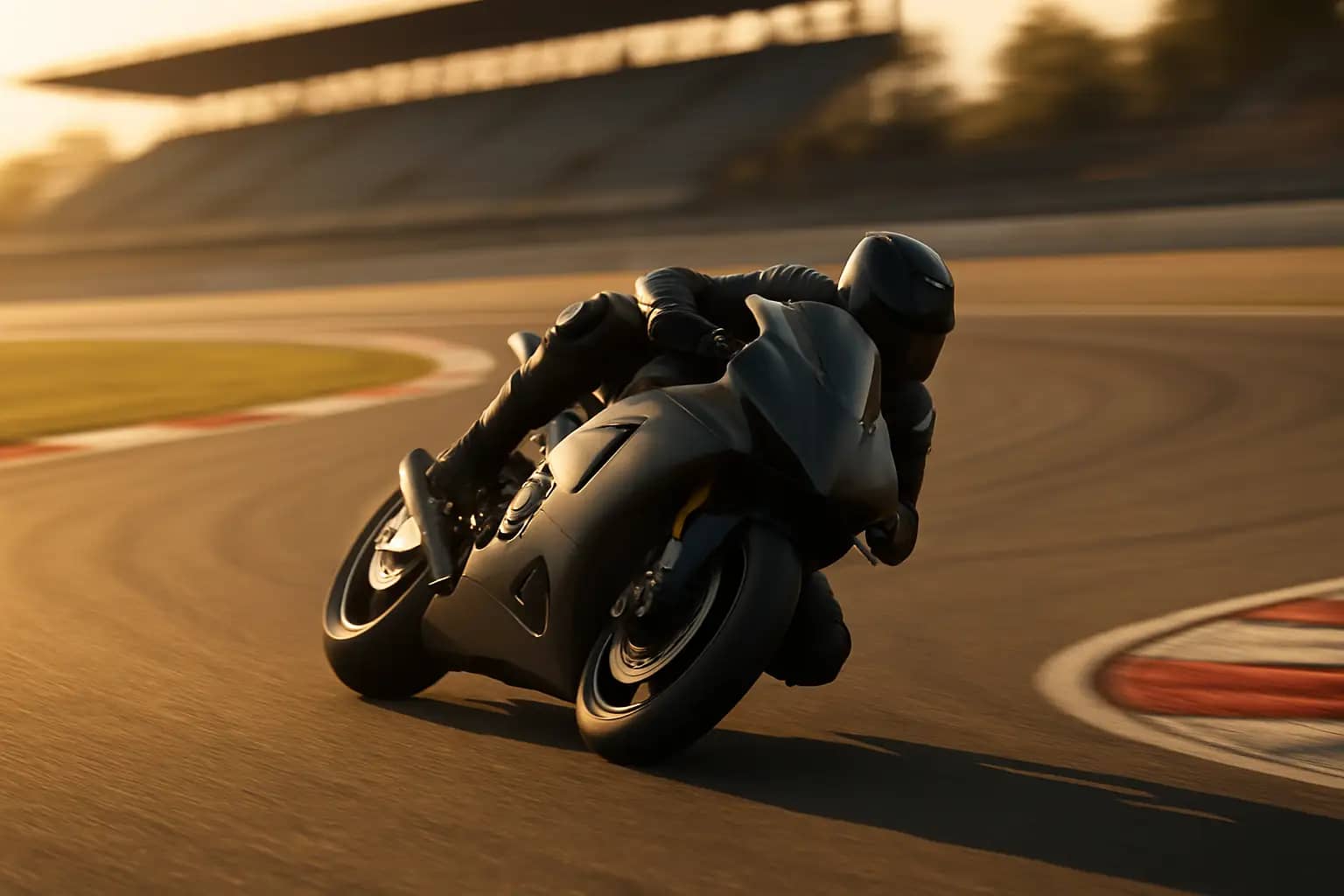 A MotoGP motorcycle leaning hard through a corner on a European circuit