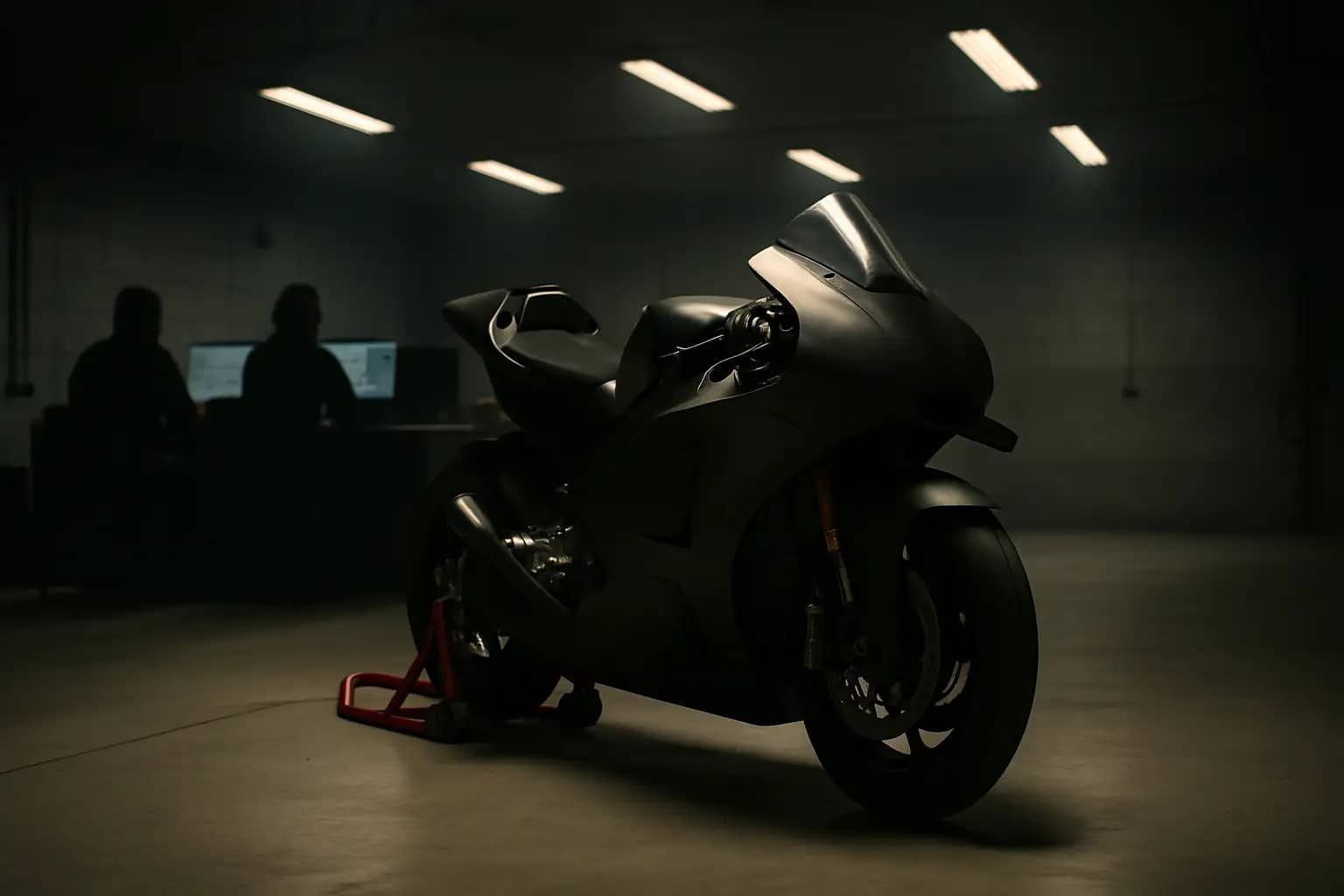 MotoGP paddock scene with a motorcycle in a team garage under bright lights