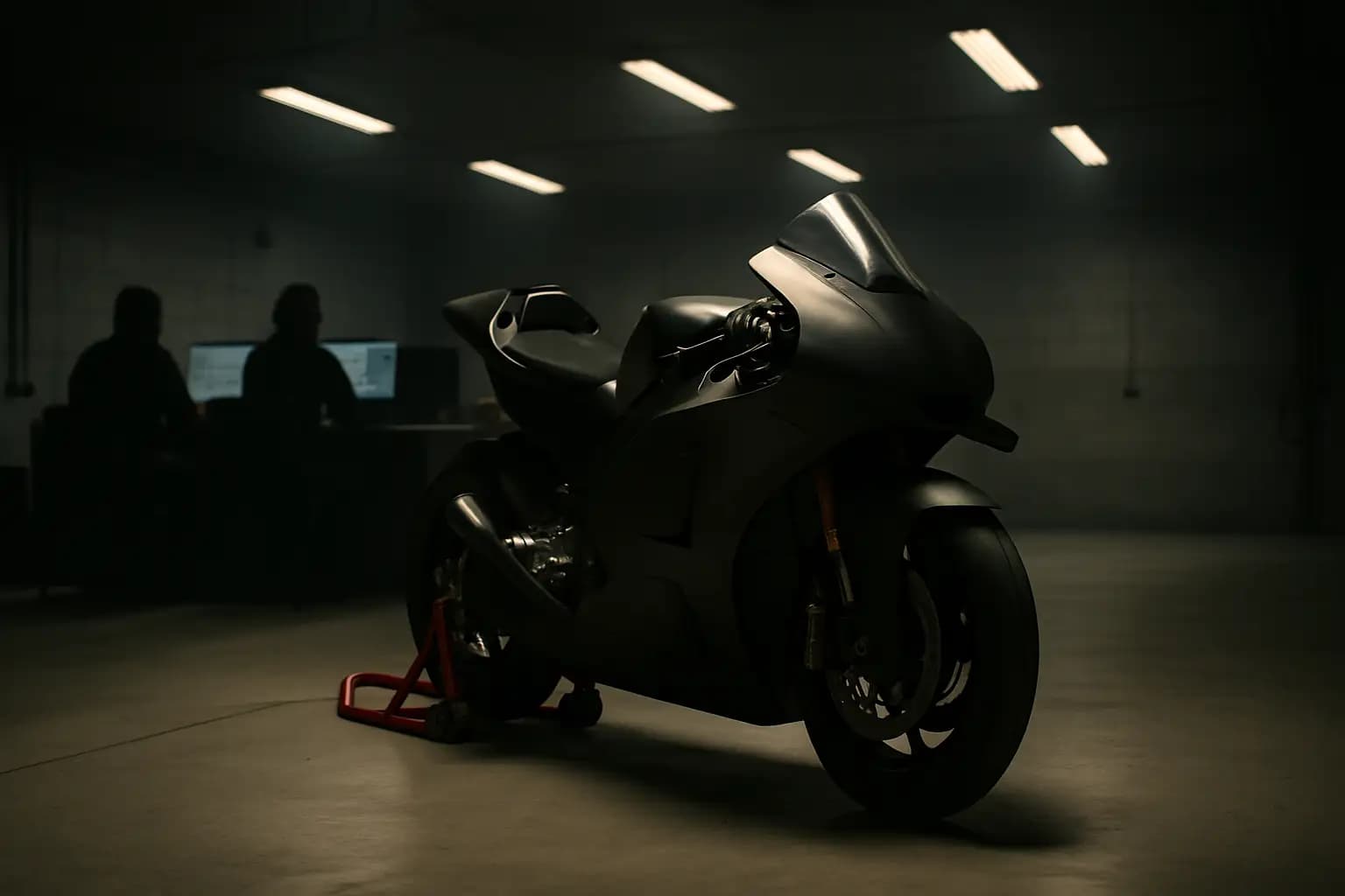 MotoGP paddock scene with a motorcycle in a team garage under bright lights